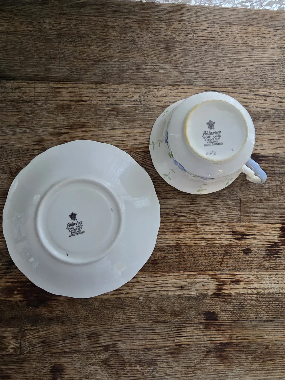 Vintage Adderley Lawley England White, Blue, Gold Bone China Teacup & Saucer Set